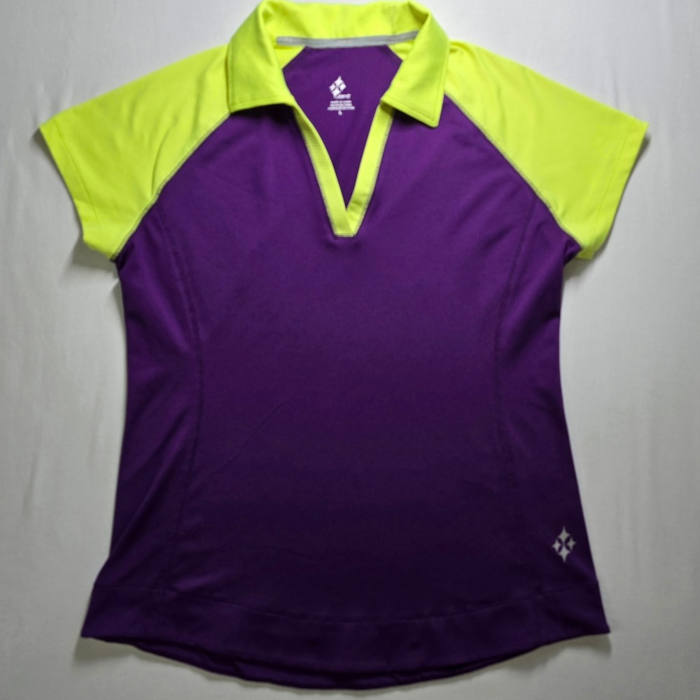 Jofit Womens Large Purple Neon Yellow Colorblock Golf Polo V-Neck Shirt